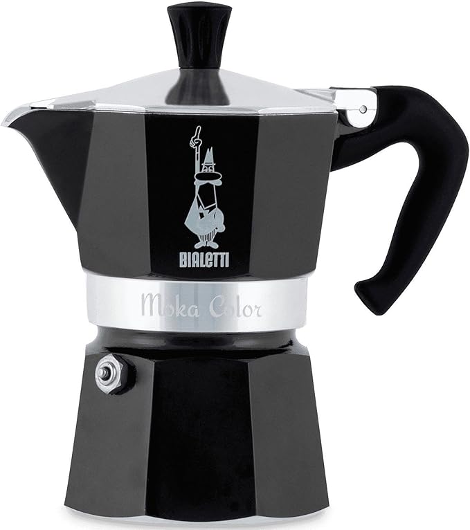 Cafetera italiana Bialetti Moka Express negra de aluminio para 3 tazas con mango ergonómico y válvula de seguridad, apta para cocinas excepto inducción.