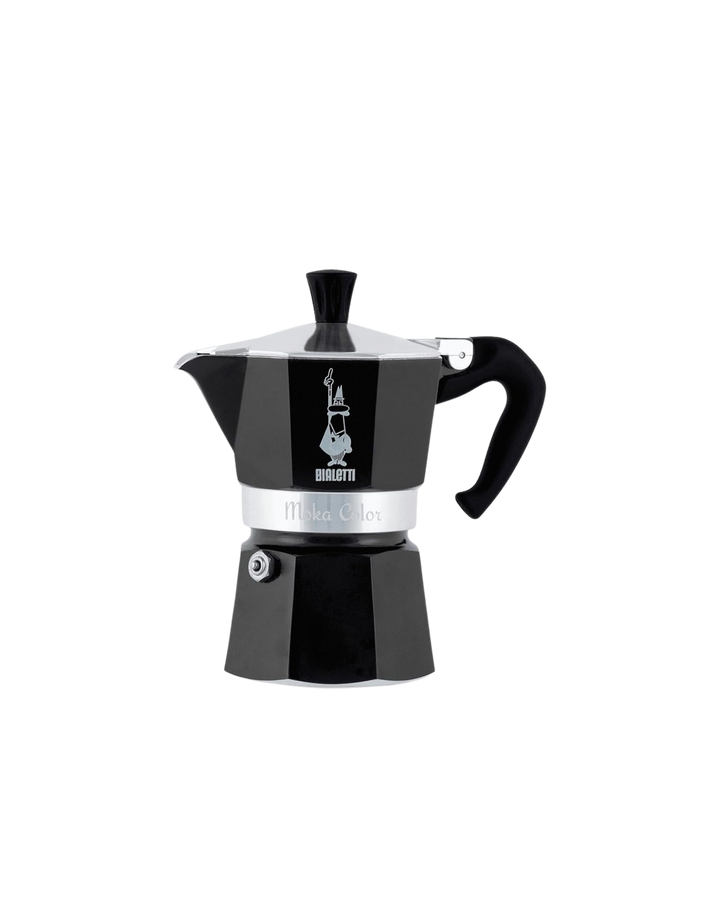 Cafetera italiana Bialetti Moka Express de aluminio para 3 tazas con mango ergonómico y válvula de seguridad.