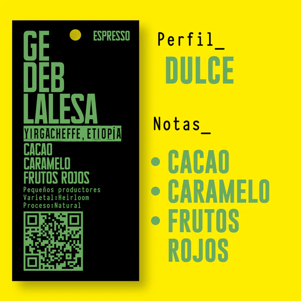 Café Etiopía Gedeb Lalesa tostado en Madrid con notas de caramelo, cacao y frutos rojos, perfil dulce ideal para espresso y métodos de filtrado.