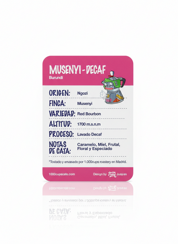 Paquete de café Burundi Decaf tostado por 1000 Cups Roastery Madrid con notas de caramelo frutal floral y especiado recomendado para italiana aeropress y filtro