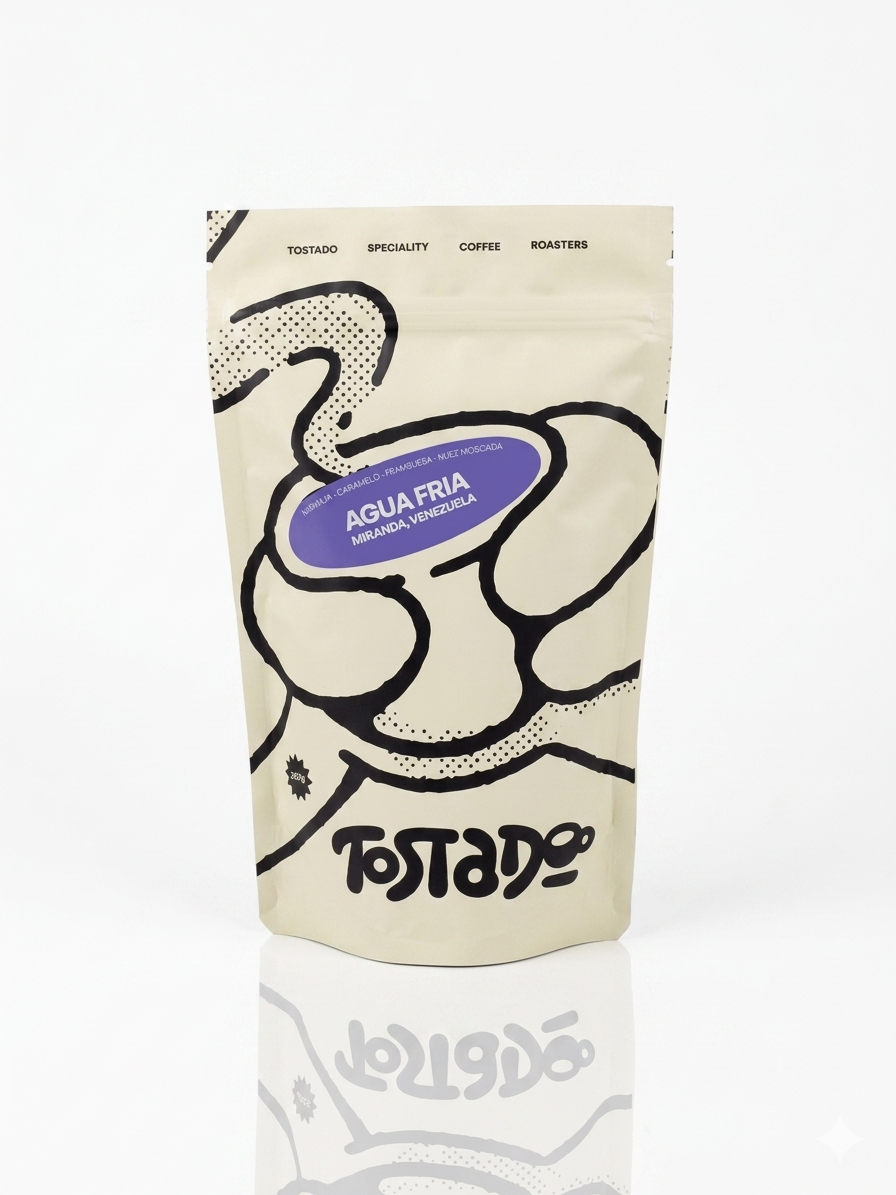 Bolsa de café Venezuela Agua Fría Pink Bourbon con notas de cereza, chocolate oscuro y vainilla, tostado en Madrid, España, ideal para espresso y Aeropress