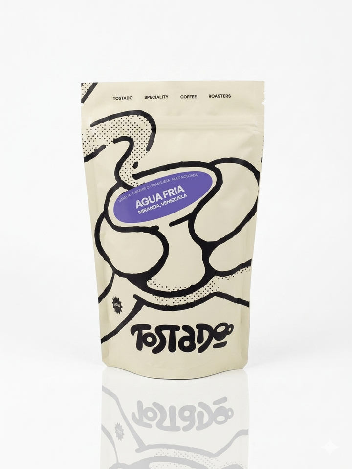 Bolsa de café Venezuela Agua Fría Pink Bourbon con notas de cereza, chocolate oscuro y vainilla, tostado en Madrid, España, ideal para espresso y Aeropress