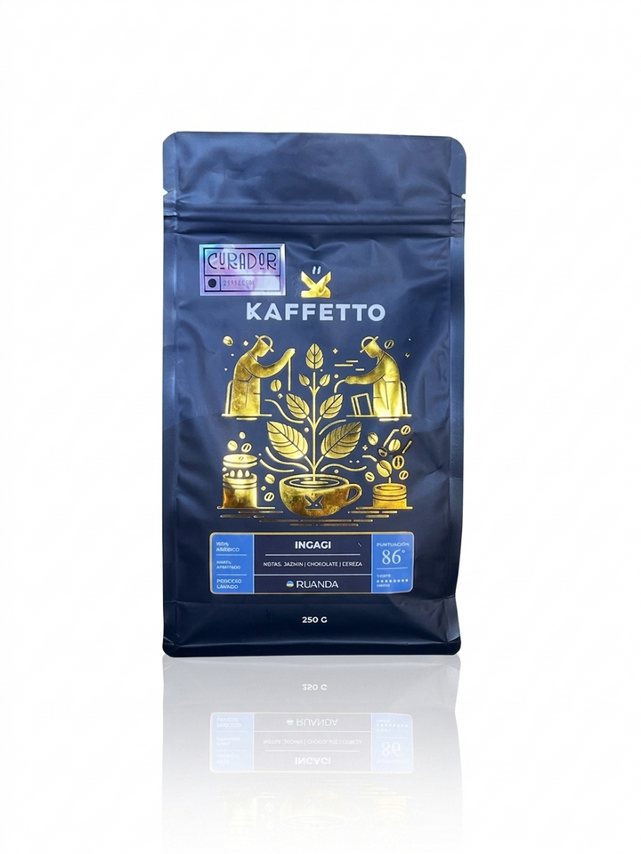 Paquete de café Ruanda Ingagi tostado por Kaffetto Coffee Roasters en Valencia con notas a arándanos, melaza y té negro.