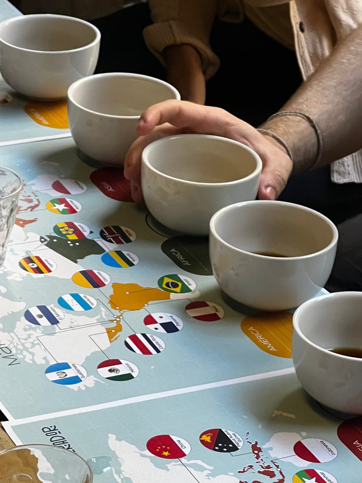 Cata de cafés de especialidad sobre el mapa mundial donde se cultivan los granos