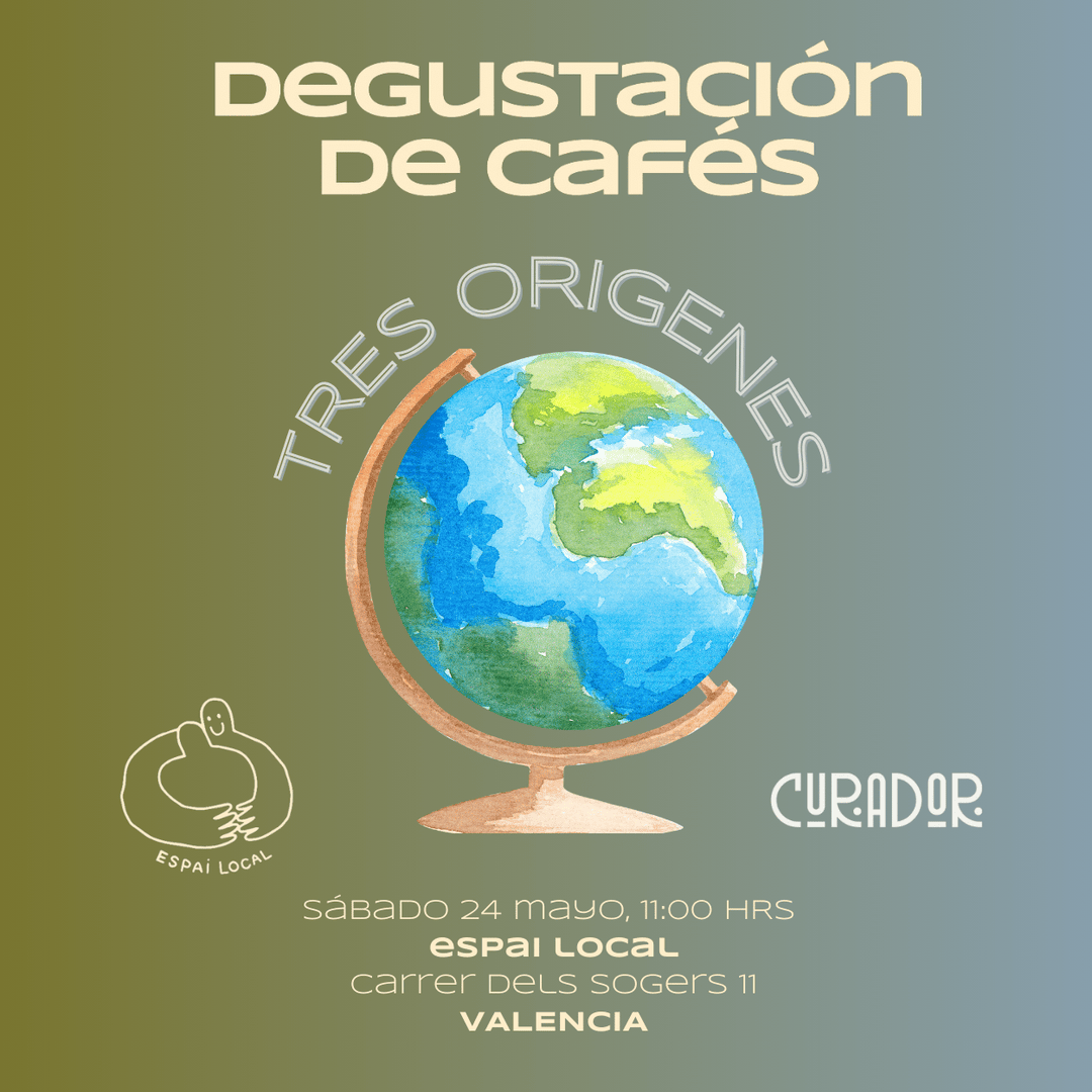 Cartel de degustación de cafés de especialidad con ilustración de globo terráqueo y texto promocional para evento en Valencia.