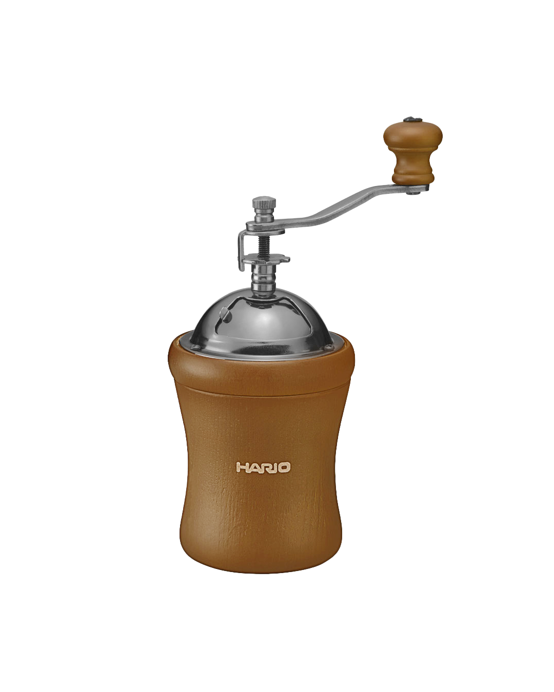 Molino de café manual Hario Mill Dome con muelas de cerámica y manivela de madera, diseño compacto y portátil para 1-3 tazas.