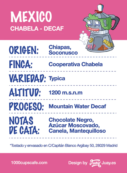 Café descafeinado Mexico con notas de chocolate negro, azúcar moreno y canela, tostado en Madrid para espresso, moka italiana y prensa francesa.